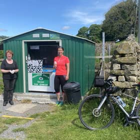 Abi Jackson (right) and local diary farmer Diane outside Nan's Ice Cream Shed at the bottom of Trapping Hill, Yorkshire Dales.