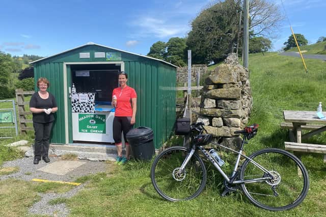 Abi Jackson (right) and local diary farmer Diane outside Nan's Ice Cream Shed at the bottom of Trapping Hill, Yorkshire Dales.