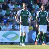 Jake Doyle-Hayes and Kyle McClelland after Hibs were defeated 1-0 by Falkirk in the Premier Sports Cup. Picture: SNS