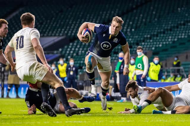 Duhan van der Merwe powers through for Scotland's try against England in the 2021 Guinness Six Nations. (Photo by Craig Williamson / SNS Group)