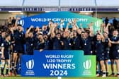 Scotland players lift the World Rugby U20 Trophy after beating the USA in the final at Hive Stadium, on July 17, 2024, in Edinburgh. (Photo by Ross Parker / SNS Group / World Rugby)