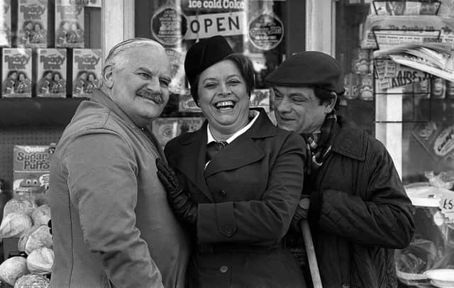 Lynda Baron with Ronnie Barker and David Jason during a break in filming Open All Hours (Picture: PA)