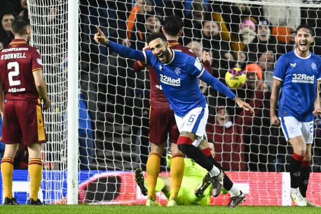 Connor Goldson celebrates after putting Rangers 2-0 ahead against Motherwell at Ibrox. (Photo by Rob Casey / SNS Group)