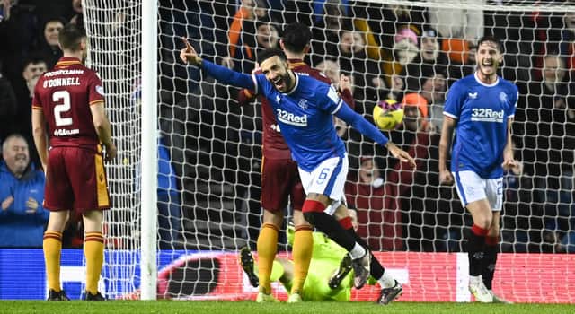 Connor Goldson celebrates after putting Rangers 2-0 ahead against Motherwell at Ibrox. (Photo by Rob Casey / SNS Group)