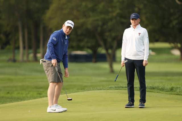 Sandy Scott watches Bob MacIntyre during a practice round prior to the 120th US Open at Winged Foot Golf Club in Mamaroneck, New York, last September. Picture: Gregory Shamus/Getty Images.