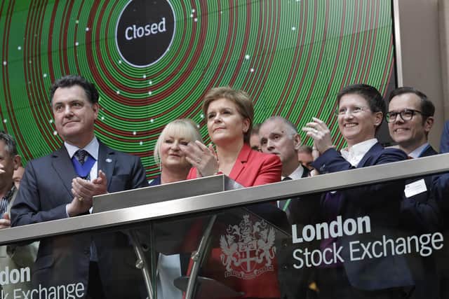 First Minister Nicola Sturgeon at the London Stock Exchange's market close ceremony. Picture: Layton Thompson