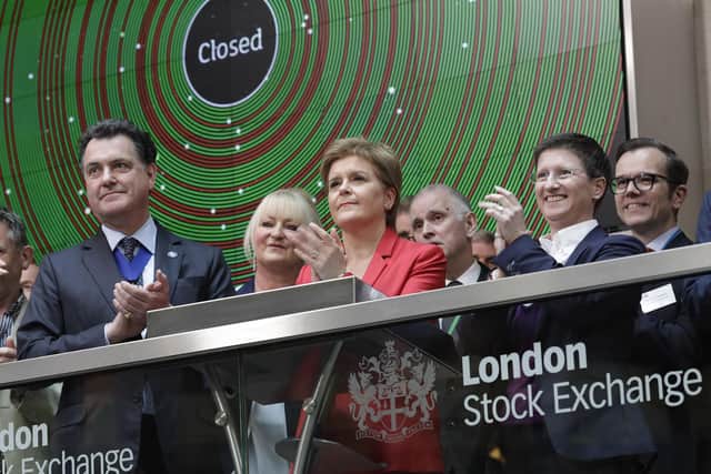 First Minister Nicola Sturgeon at the London Stock Exchange's market close ceremony. Picture: Layton Thompson