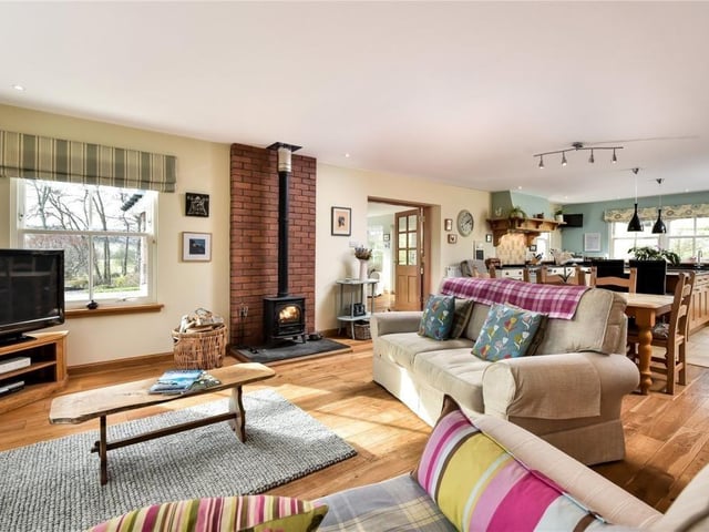 The open plan living room, dining area and kitchen runs the length of the house.