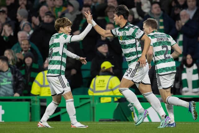 Celtic's Oh Hyeon-gyu celebrates with Kyogo Furuhashi after making it 2-1 over St Mirren. (Photo by Alan Harvey / SNS Group)