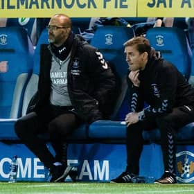 Kilmarnock's head of football operations James Fowler (right) looks on as the Rugby Park side draw 1-1 at home to Morton on Wednesday night. (Photo by Sammy Turner / SNS Group)