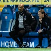 Kilmarnock's head of football operations James Fowler (right) looks on as the Rugby Park side draw 1-1 at home to Morton on Wednesday night. (Photo by Sammy Turner / SNS Group)
