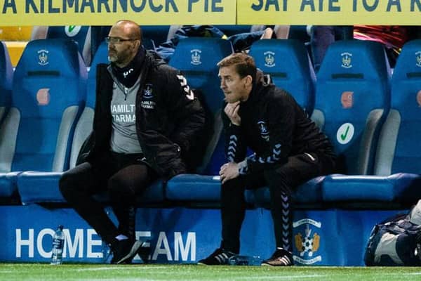 Kilmarnock's head of football operations James Fowler (right) looks on as the Rugby Park side draw 1-1 at home to Morton on Wednesday night. (Photo by Sammy Turner / SNS Group)