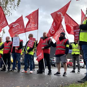 Workers on strike outside the Co-op coffin factory in Glasgow. Picture: Rebecca McCurdy/PA Wire
