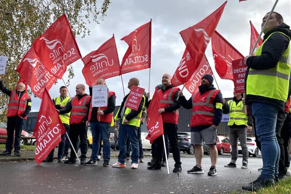 Workers on strike outside the Co-op coffin factory in Glasgow. Picture: Rebecca McCurdy/PA Wire