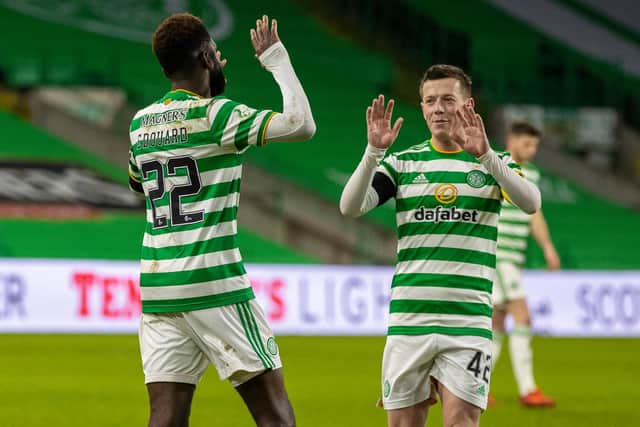 Odsonne Edouard celebrates with Callum McGregor after putting Celtic 3-0 up against Dundee United. Picture: SNS