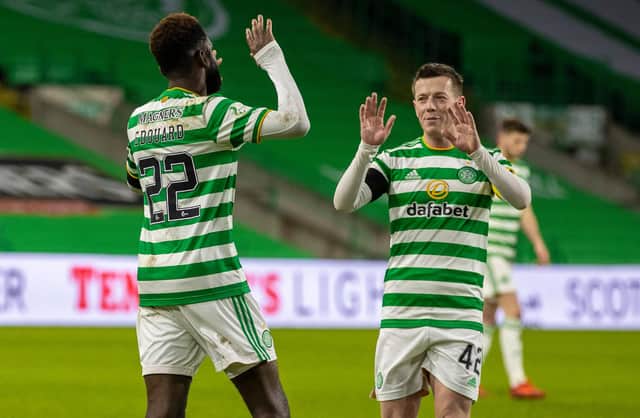 Odsonne Edouard celebrates with Callum McGregor after putting Celtic 3-0 up against Dundee United. Picture: SNS
