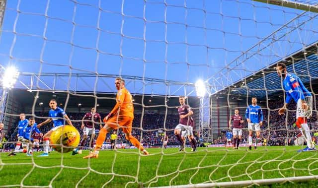 Rangers goalkeeper Allan McGregor looks back helplessly as a shot from Liam Boyce gives Hearts a 2-1 win over the Ibrox side at Tynecastle on January 26, 2020. (Photo by Rob Casey / SNS Group)