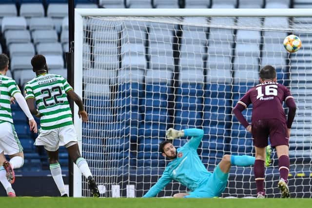 Celtic's Odsonne Edouard makes it 2-0 during the William Hill Scottish Cup Final between Celtic and Hearts at Hampden Park, on December 20, 2020, in Glasgow, Scotland. (Photo by Rob Casey / SNS Group)
