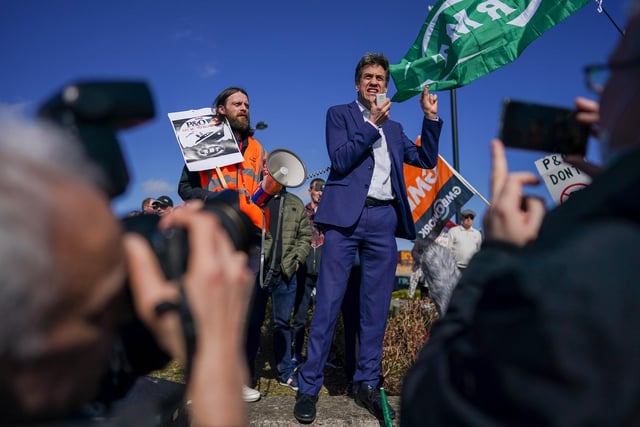 Ed Miliband, Shadow Secretary of State for Climate Change and Net Zero and MP for Doncaster North, addresses protesters as they gather outside the Port of Hull to demonstrate against P&O Ferries. (Photo by Ian Forsyth/Getty Images)