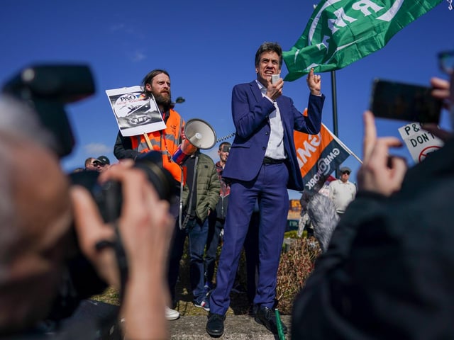 Ed Miliband, Shadow Secretary of State for Climate Change and Net Zero and MP for Doncaster North, addresses protesters as they gather outside the Port of Hull to demonstrate against P&O Ferries. (Photo by Ian Forsyth/Getty Images)