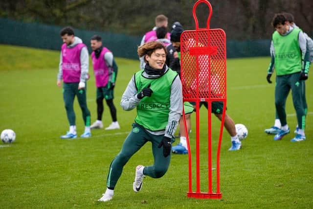 Furuhashi is all smiles during a Celtic training session ahead of facing Feyenoord.