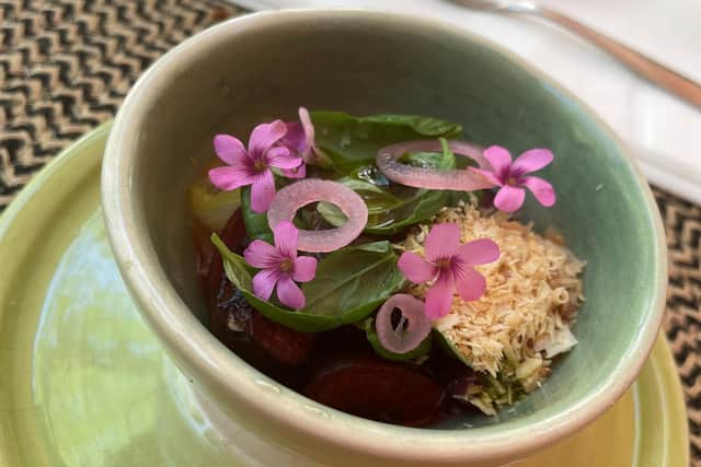 A dish at Las Barquin, Buenos Aires, set in walled gardens planted with olive trees, where chefs borrow from their immediate surroundings. Pic: Sarah Marshall/PA