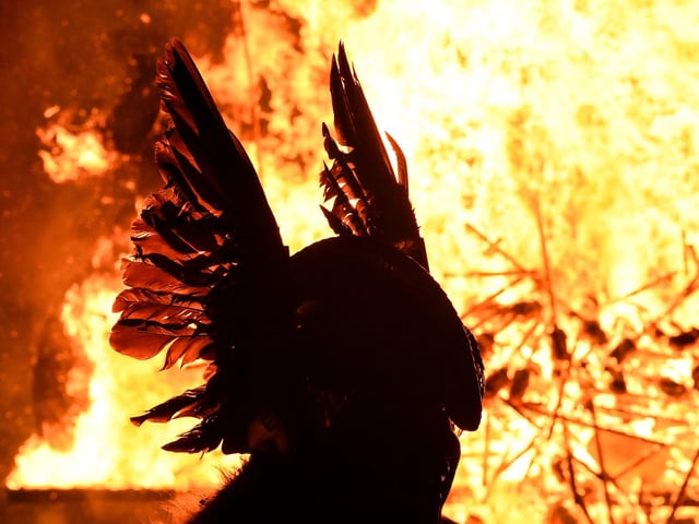 A member of the Junior Up Helly Aa reacts during the parade through the streets of Lerwick as a Viking longboat burns in the background. Picture: Andy Buchanan/AFP via Getty Images