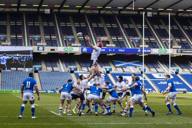 Grant Gilchrist leaps highest during the win over Italy where Scotland's lineout was back to its best. Picture: Craig Williamson/SNS