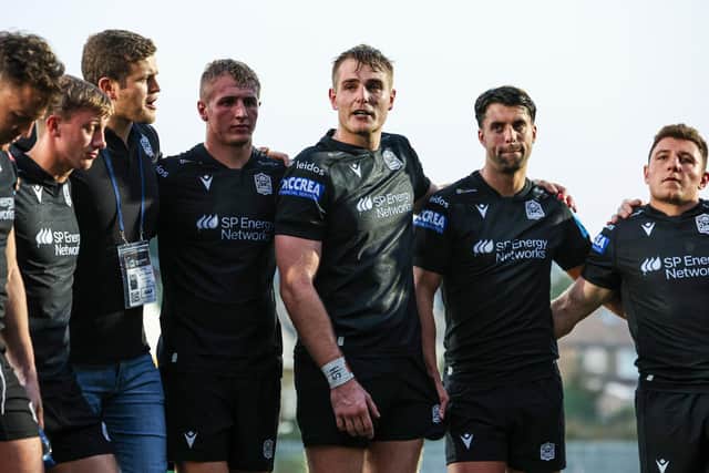 Glasgow Warriors captain Stafford McDowall, centre, speaks to the squad at full time followng the loss to Connacht at Scotstoun. (Photo by Ross MacDonald / SNS Group)