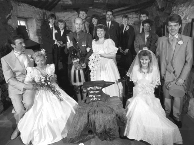Seven couples got married at the Gretna Green Smithy's Anvil on Valentine's Day 1989.