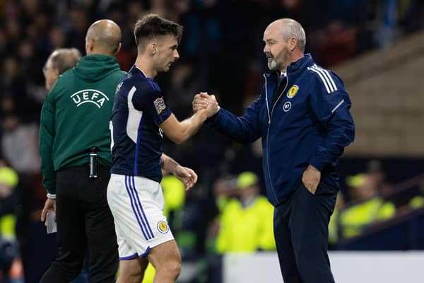 Steve Clarke (right) will have to make do without Kieran Tierney for Scotland's upcoming fixtures against Spain and France.  (Photo by Alan Harvey / SNS Group)