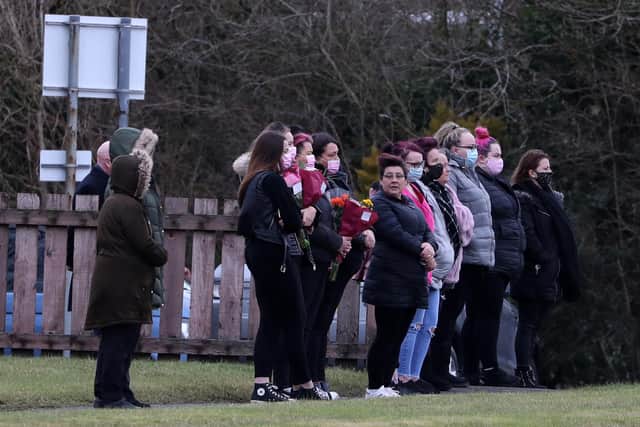 Mourners at the funeral of NHS worker Emma Robertson Coupland and her daughter Nicole Anderson at Riccarton Cemetery picture: PA/Andrew Milligan
