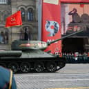 The solitary Soviet era T-34 tank parades through Red Square during the general rehearsal of the Victory Day military parade in central Moscow at the weekend.