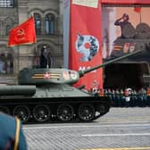 The solitary Soviet era T-34 tank parades through Red Square during the general rehearsal of the Victory Day military parade in central Moscow at the weekend.