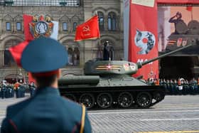 The solitary Soviet era T-34 tank parades through Red Square during the general rehearsal of the Victory Day military parade in central Moscow at the weekend.