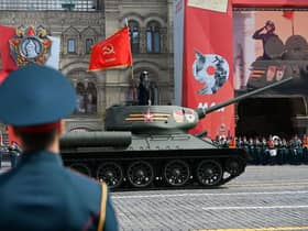 The solitary Soviet era T-34 tank parades through Red Square during the general rehearsal of the Victory Day military parade in central Moscow at the weekend.