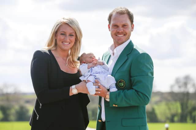 Danny Willett, his wife Nicole and son Zachariah James during a photocall at Lindrick Golf Club following his 2016 US Masters win.