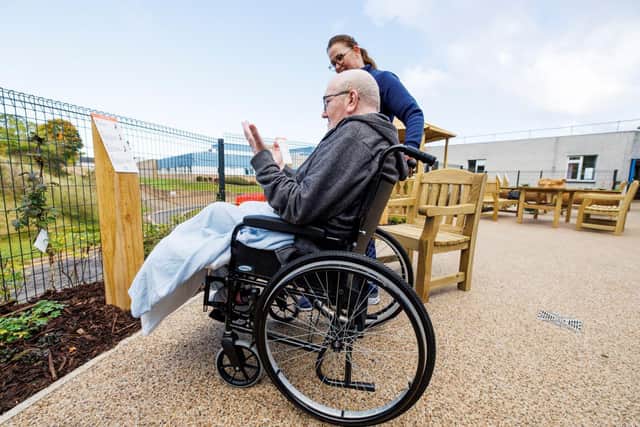 Staff and patient in new sensory garden, Tay Ward