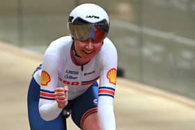 Great Britain's Katie Archibald celebrates after winning the Women's Omnium - Elimination race during the UEC Track Elite European Championship in Grenchen on February 10, 2023. (Photo by SEBASTIEN BOZON/AFP via Getty Images)