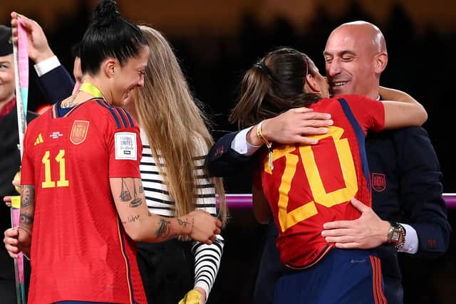 Spain's defender Rocio Galvez is congratulated by Luis Rubiales (right), who has announced he has resigned as president of the Royal Spanish Football Federation. Picture: Franck Fife/AFP via Getty Images