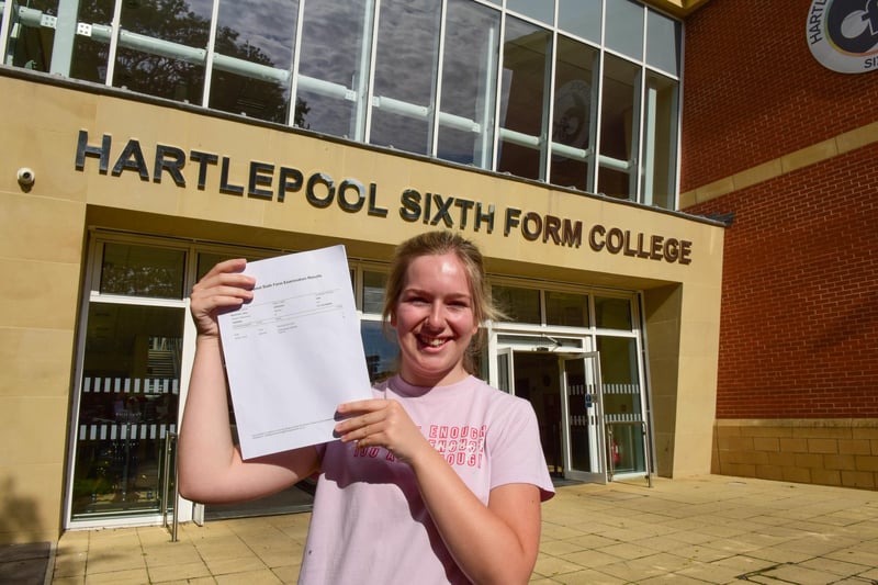Ellie Mullender celebrating her A-level results at Hartlepool Sixth Form College this morning.