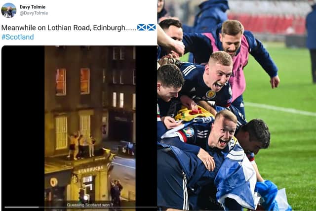 The jubilation begins for Scotland after the penalty shoot-out victory picture: Getty Images