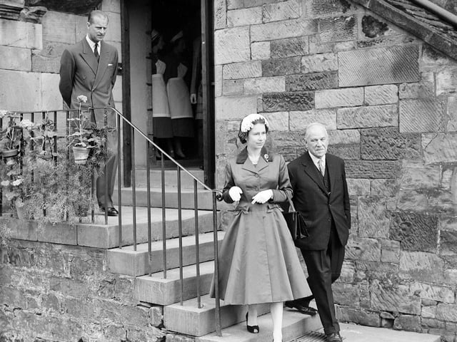 Queen Elizabeth II and Prince Philip, Duke of Edinburgh visiting Falkland Palace during a tour of Fife in 1958.
