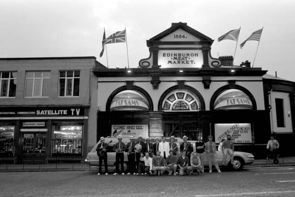 Staff dressed as gangsters beside a stretch limousine to advertise the opening of Fat Sam's Chicago-style diner and bar on the site of the Edinburgh meat market at Fountainbridge in September 1986.