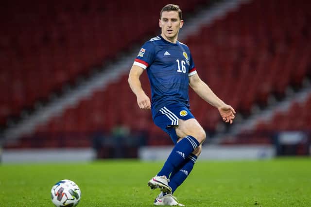 Paul Hanlon in action for Scotland during the Nations League match between Scotland and Czech Republic at Hampden Park. Photo by Craig Williamson / SNS Group
