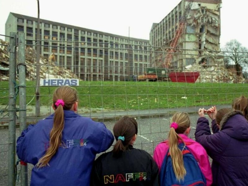 It was a front page story in January, 1993, which covered the demolition of the Westburn high flats. Despite the Westburn Gardens’ seven blocks having been in place since the 1970s, they decided to replace them for a new housing development. The above shows some young children intently watching the demolition unfold.