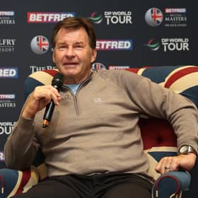 Tournanent host Sir Nick Faldo talks to the media during the Betfred British Masters at The Belfry in Sutton Coldfield. Picture: Luke Walker/Getty Images.
