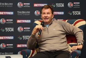 Tournanent host Sir Nick Faldo talks to the media during the Betfred British Masters at The Belfry in Sutton Coldfield. Picture: Luke Walker/Getty Images.