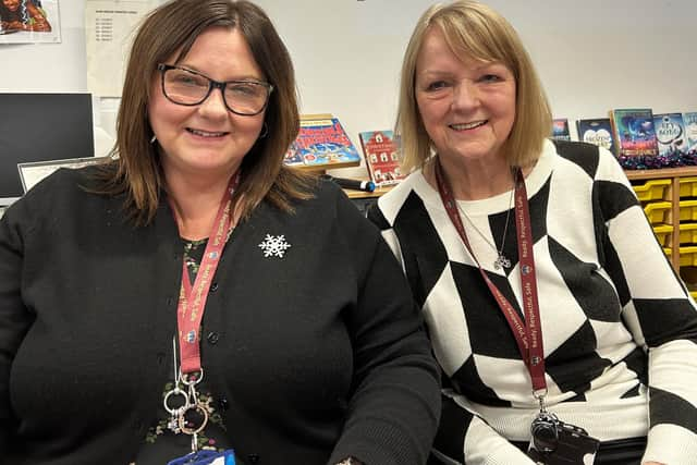 The final whistle: May, right, with headteacher Pauline Buchan.