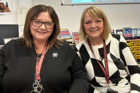 The final whistle: May, right, with headteacher Pauline Buchan.